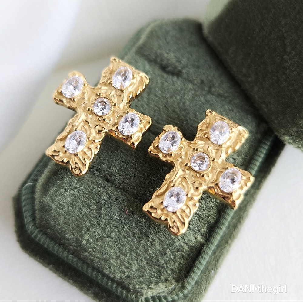 Gold Gilded Texture CZ Diamond Cross Earrings